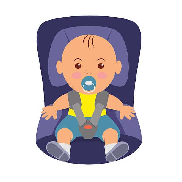 Toddler wearing a seatbelt in the car seat. Illustration of road safety in child car seat.