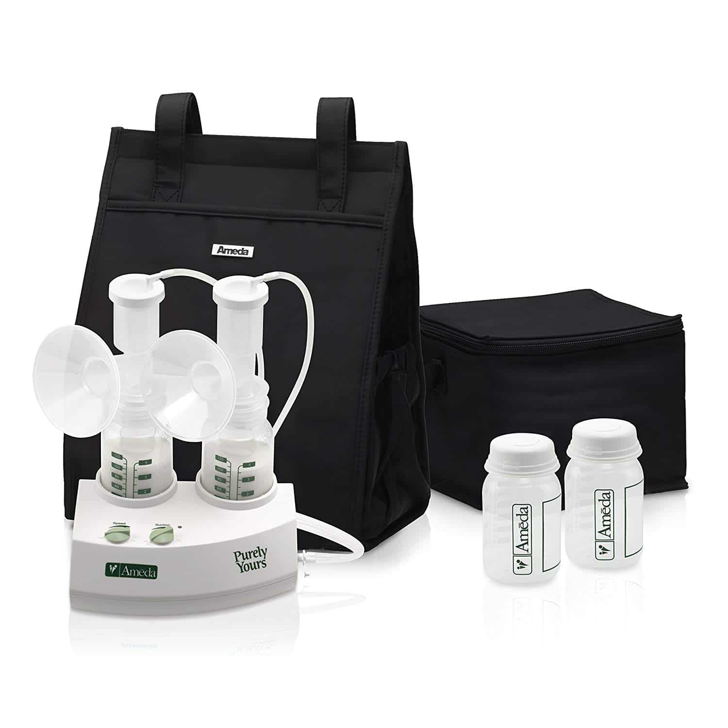 Ameda Purely Yours Double Electric Breast Pump White Includes Breast Pump Dual HygieniKit System Shoulder Bag Cool N Carry Milk Tote AC Power Adapter Milk Storage Bottles Ice Packs