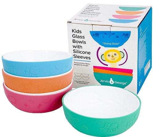 Jervis & George Kids Tempered Glass White Bowls with Silicone Sleeve