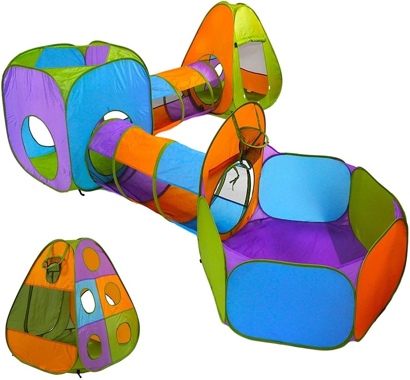 Playz 5-Piece Kids Pop up Play Tent Crawl Tunnel and Ball Pit with Basketball Hoop Playhouse