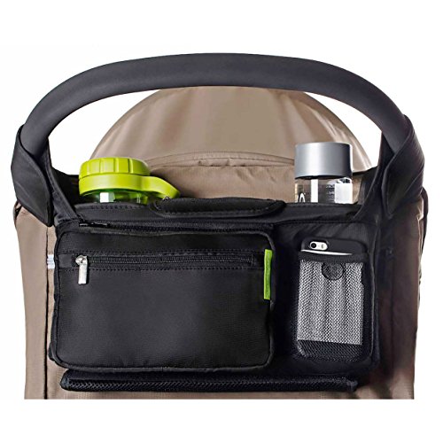 Best Stroller Organizer for Smart Moms, Premium Deep Cup Holders, Extra-Large Storage Space for iPhones, Wallets, Diapers, Books, Toys, iPads